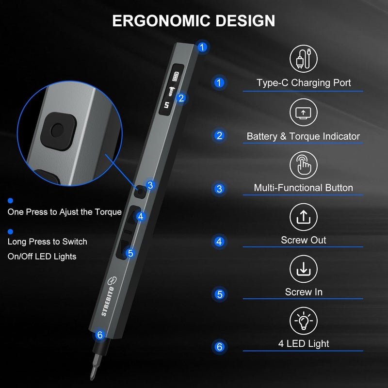 STREBITO 155 in 1 Mini Electric Screwdriver Set, Upgraded Small Electric Screwdriver Cordless, 5 Torque Settings, Max 7 N.m, Electronic Power Screwdriver Repair Tool Kit for Mac, Computer Pc Building - Image 5